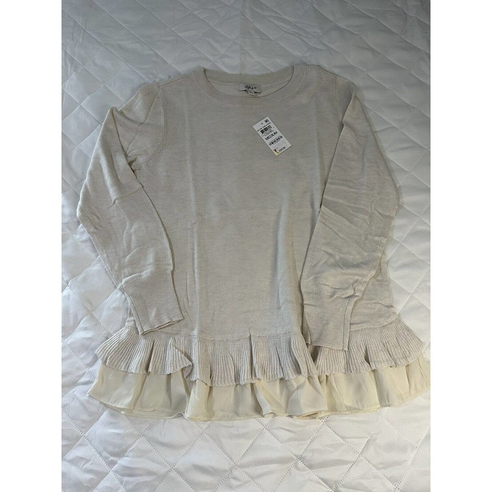 Style & Co Sweater Ruffle Bottom Beige Long Sleeve Size M